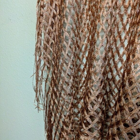 Handmade Boho Open Weave Copper Poncho With Fringed Hem & Shimmering Threads - Picture 4 of 6